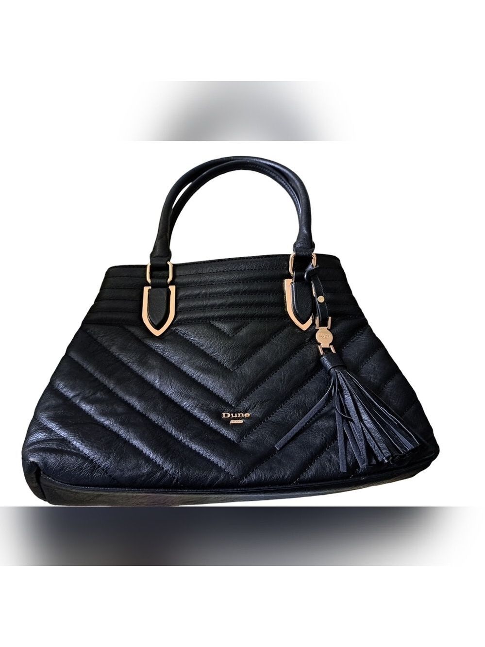DUNE LONDON faux leather quilted shoulder bag black purse tassel gold hardware